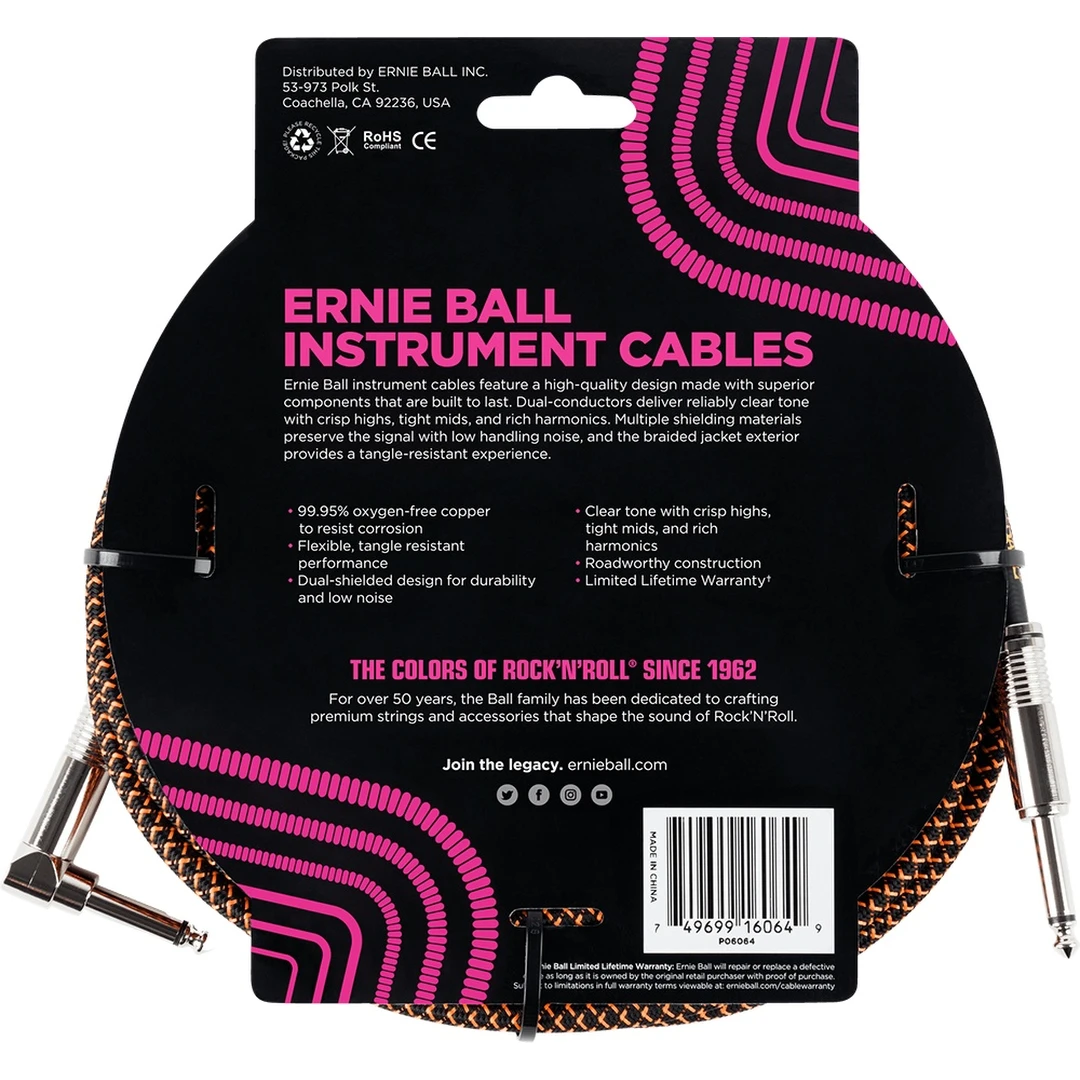 Инструментальный кабель Ernie Ball P06064 Black/Orange