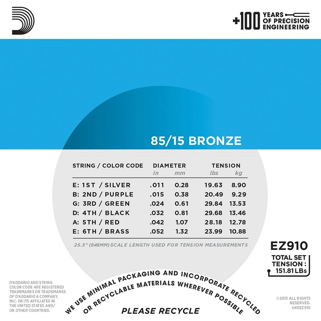 Струны для акустической гитары D'Addario EZ910 11-52