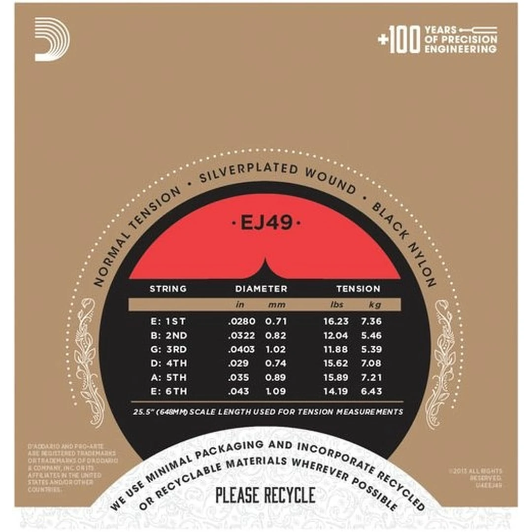 Струны для классической гитары D'Addario EJ49 Black nylon, Normal Tension