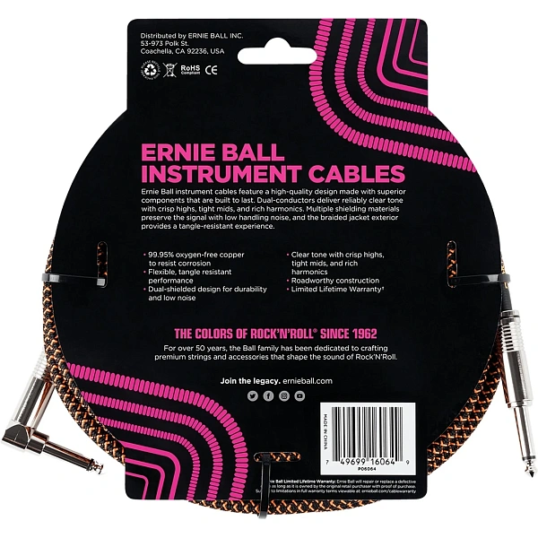 Инструментальный кабель Ernie Ball P06064 Black/Orange
