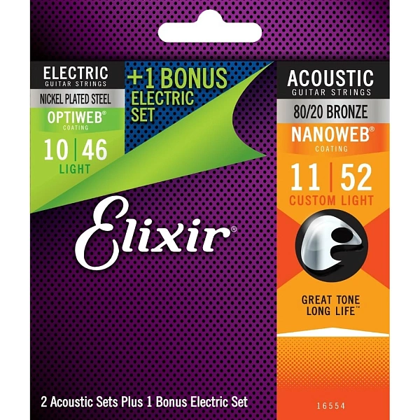 Струны для акустической и электрогитары Elixir 16554 11-52/10-46 Bonus Set (2 + 1)