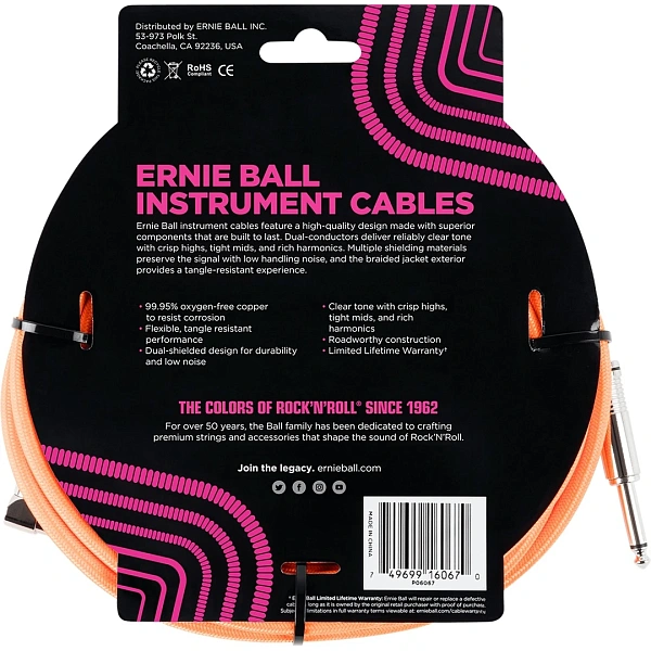 Инструментальный кабель Ernie Ball P06067 Neon Orange