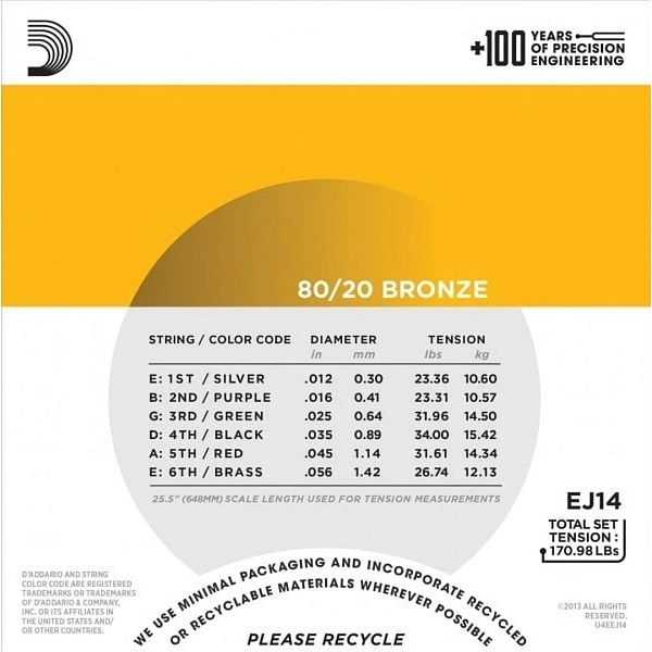 Струны для акустической гитары D'Addario EJ14 12-56