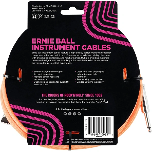 Инструментальный кабель Ernie Ball P06079 Neon Orange