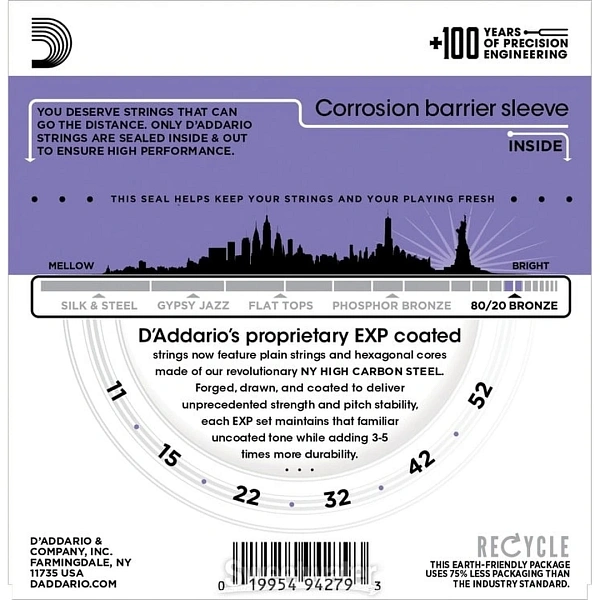 Струны для акустической гитары D'Addario EXP13 Custom Light 11-52