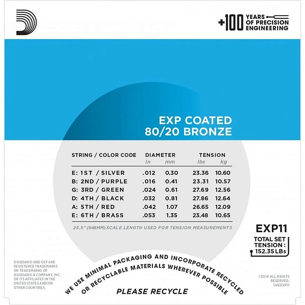 Струны для акустической гитары D’Addario EXP11-3D Coated 12-53
