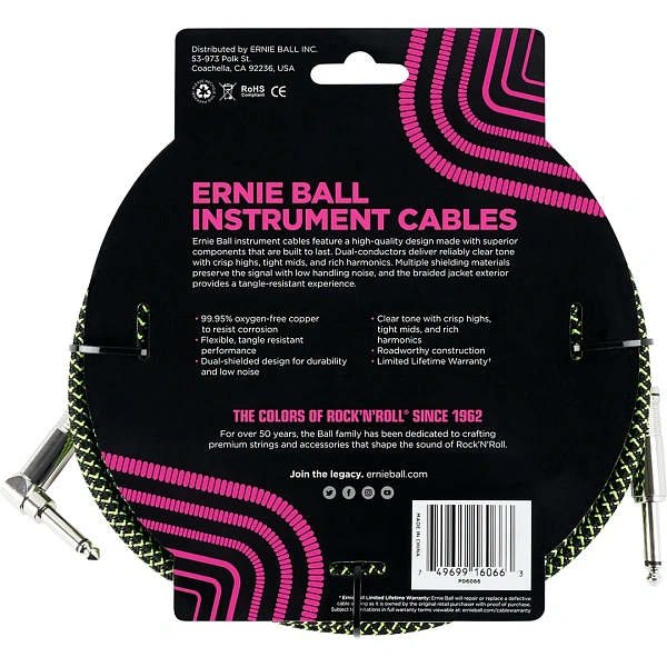 Инструментальный кабель Ernie Ball P06066 Black/Green